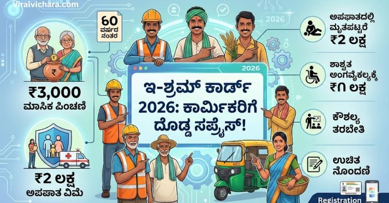E-Shram Card 2026: ಈ ಕಾರ್ಡ್ ಇದ್ದವರಿಗೆ ₹3,000 ಮಾಸಿಕ ಪಿಂಚಣಿ + ₹2 ಲಕ್ಷ ವಿಮೆ – ಕಾರ್ಮಿಕರಿಗೆ ದೊಡ್ಡ ಸರ್ಪ್ರೈಸ್!