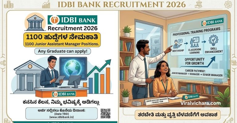 IDBI Bank Recruitment 2026: 1100 Junior Assistant Manager ಹುದ್ದೆಗಳ ನೇಮಕಾತಿ – ಯಾವುದೇ ಪದವೀಧರರು ಅರ್ಜಿ ಸಲ್ಲಿಸಬಹುದು